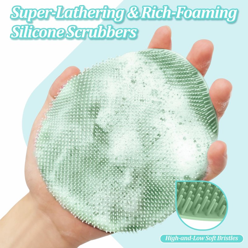 GEENOA Silicone Back Scrubber & Soft Bath Glove 2PCS, 16''- 21''Extendable Back Scrubber with Dual-Side Large Head, 360° Anti-Slip Hand-fit Silicone Body Scrubber for Rich Foaming Deep Cleaning(Green)