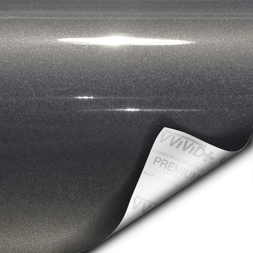 VViViD+ Ultra Gloss Candy Metallic Charcoal Grey Vinyl Car Wrap Premium Paint Replacement Film Roll with Nano Air Release Technology, Stretchable Protective Cap Liner, Self Adhesive (50ft x 5ft)