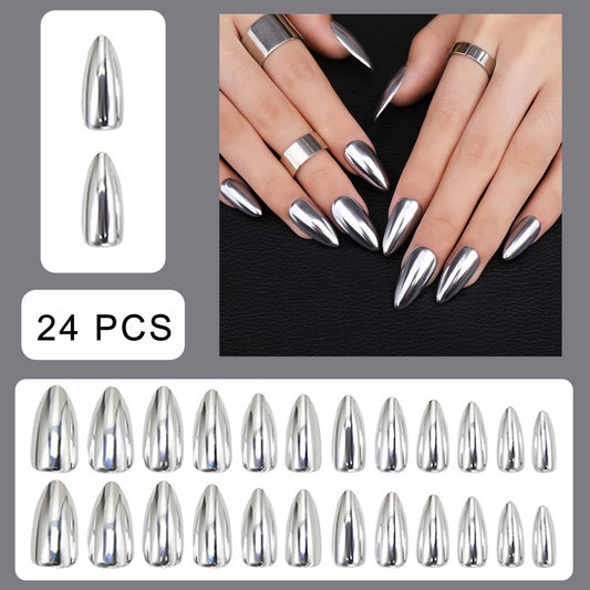 Silver Electroplated Press on Nails SHIQIXIANNV Almond Fake Nails Metallic Mirror False Nail Design Silver Chrome Glossy Acrylic Nails for Women Girl DIY Manicure Decoration 24Pcs