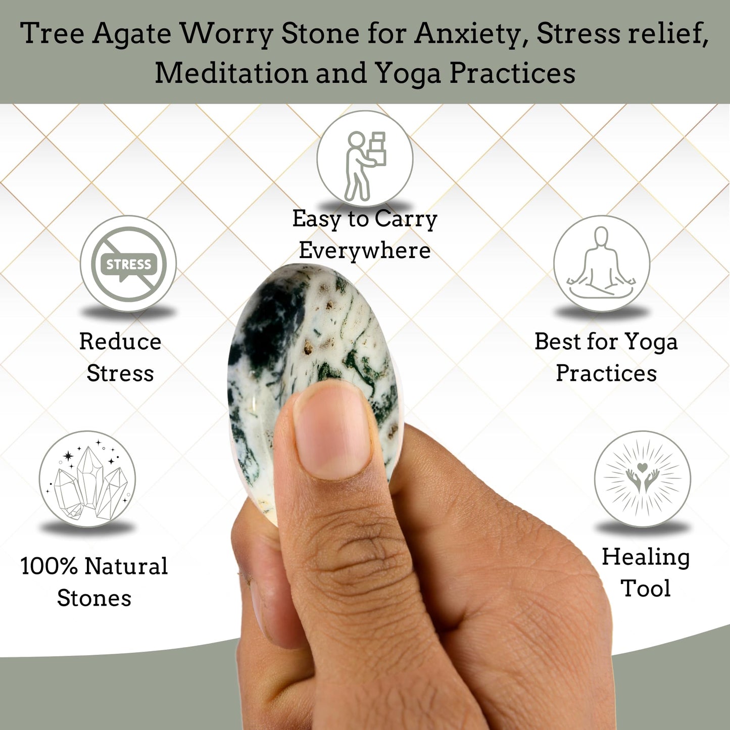 Anaya Agate Tree Agate Worry Stones Certified Crystal Thumb Worry Stone for Anguish, Relaxing and Soothing Balance Stones for Meditation, Stress Relief Crystals and Healing Stones for Men, Women