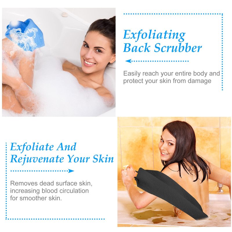 Moukeren Exfoliating Back Scrubber with Handles 4 Pack Nylon Back Exfoliator Extended Length Washers Scrubbers Stretchable Pull Strap Exfoliating Washcloth(Gray, Deep Blue)