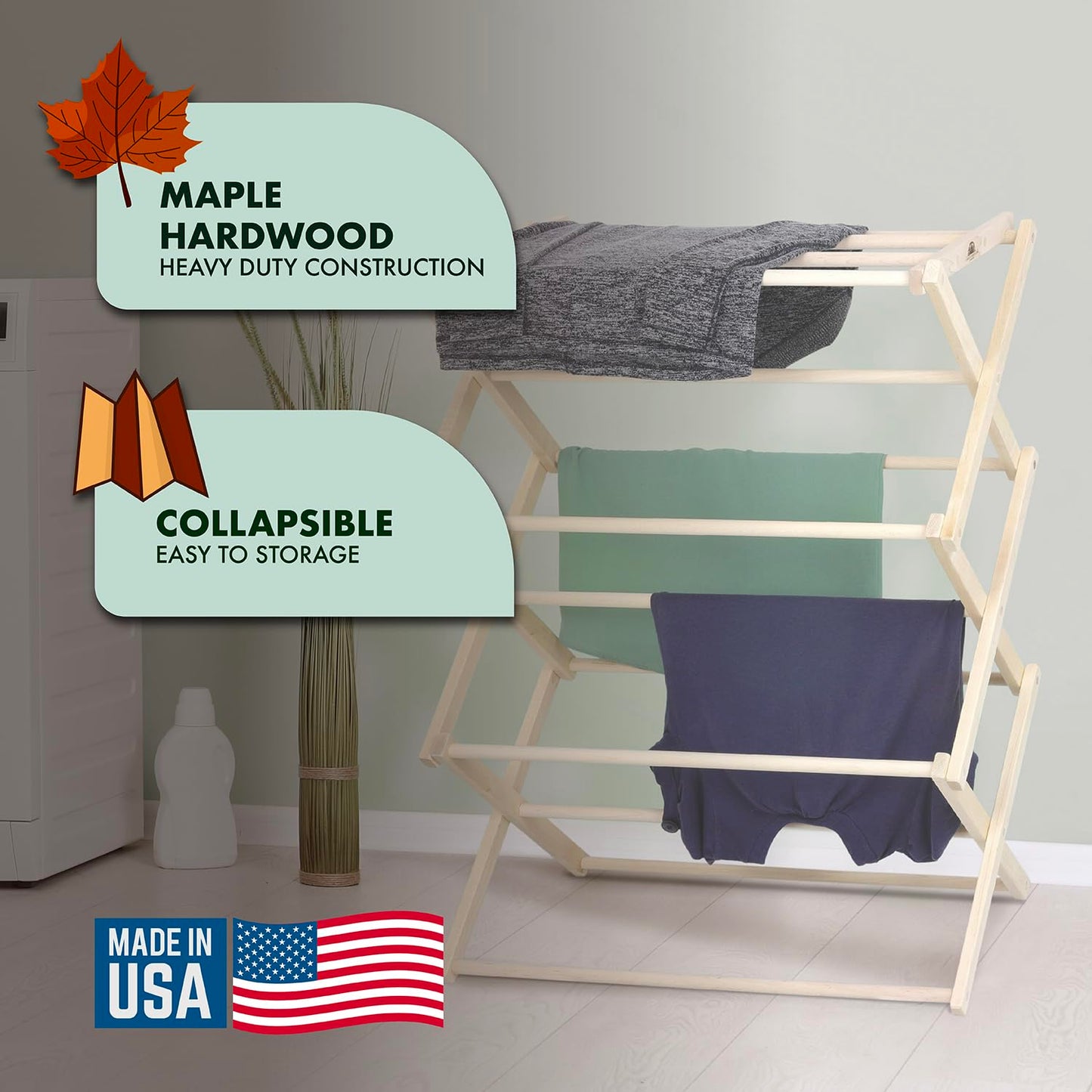 Pennsylvania Woodworks Premium American Maple Clothes Drying Rack - Handcrafted in Pennsylvania - Solid Wood Construction, Collapsible, Eco-Friendly Laundry Solution (Medium)