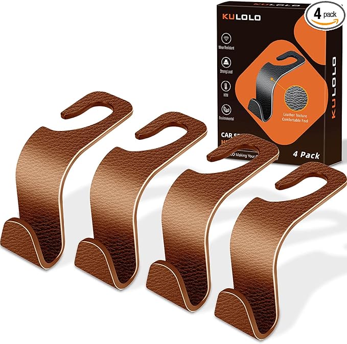 Car Seat Hooks & Purse Holder - 4 Pack Boxed,55 lb Heavy Duty,Eco PP Car Hooks for Purse/Bag/Baby Gear/Gym Bag/Groceries/Cup/,Fits 0.32-0.55Ã¢ÂÂCar Headrest Rods (Brown-2)