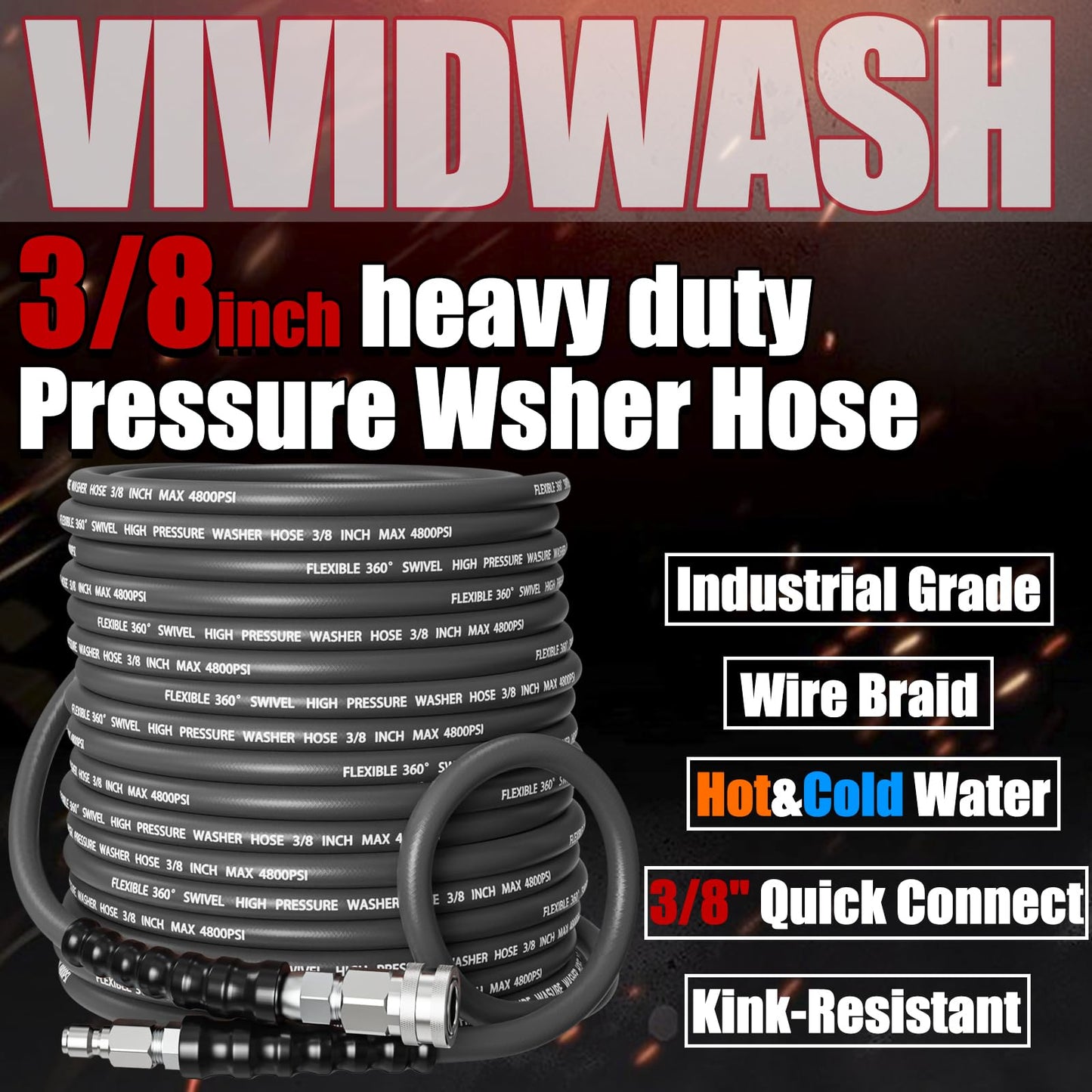 VIVIDWASH Kink-Resistant 3/8" Pressure Washer Hose 4800PSI(100FT),Steel Wire Braided Wear Resistant Rubber for Commercial, Industrial and Residential Use,Hot&Cold Water Hose with 3/8" Quick Connect