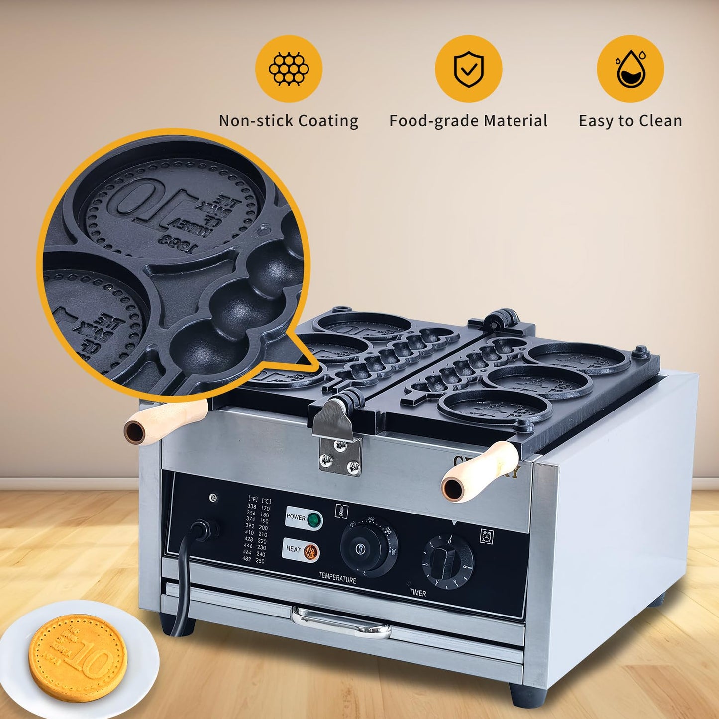 CPVKRY Commercial 2 In 1 Waffle Sticks Maker 10 Yen Coin Waffle Maker 1550W Waffles on a Stick Maker Stainless Steel, 50-300℃ Temp Control, 5-min Timer Waffle Dog Maker 110V