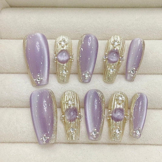 RENBING handmade press on nails short,coffin fake nails with designs,10 pcs high hardness acrylic nails press ons,3d cute false nails for women-Purple buccellati(M)