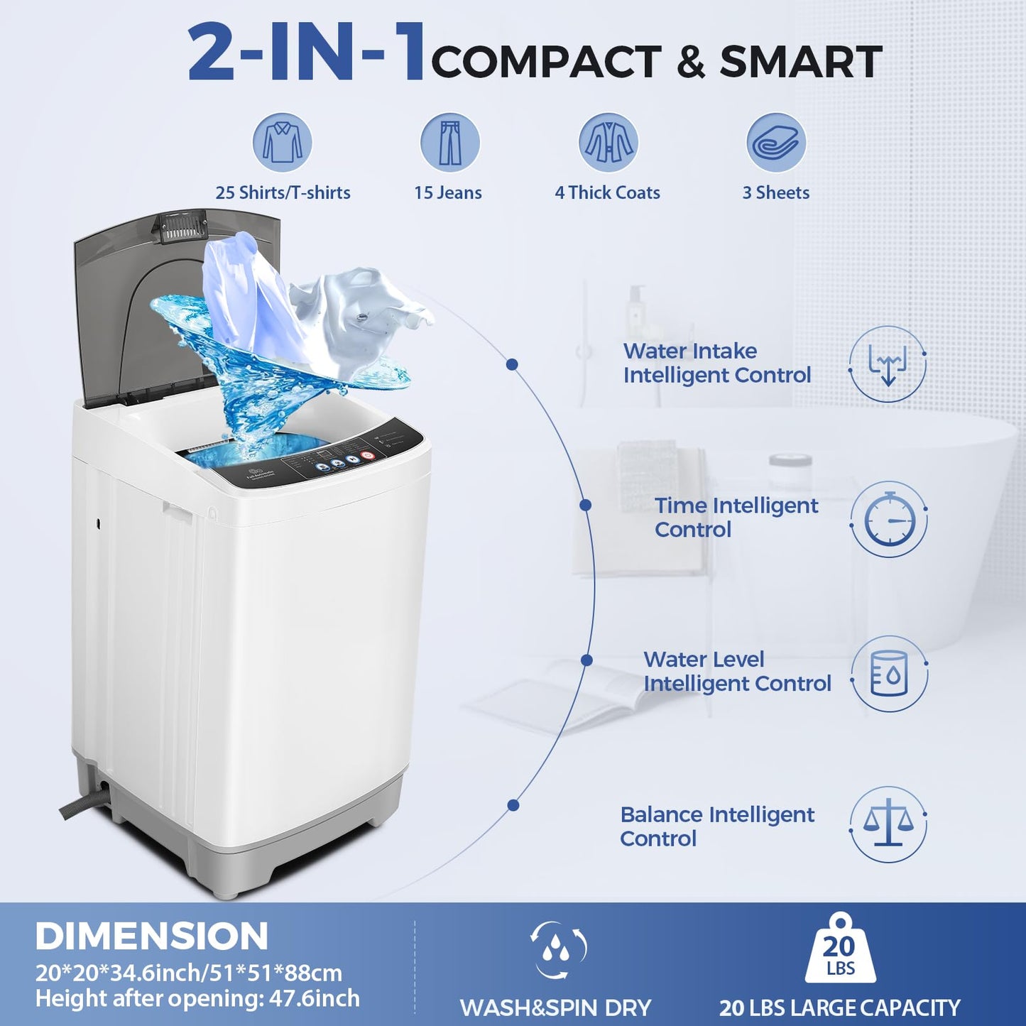Nictemaw Portable Washing Machine 17.8Lbs Large Capacity 2.4 Cu.ft Portable Washer Machine with 10 Programs and 8 Water Levels Selections Mini Washing Machine for Apartment, Home, Dorms, Rv