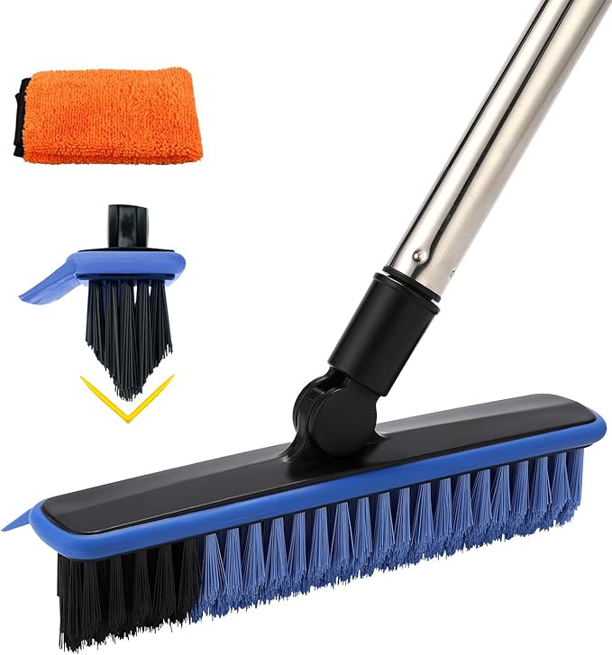2 in 1 Floor Scrub Brush Grout Brush with 57.8" Long Handle,120Â°Rotatable Shower Tile Grout Scrubber,V-Shaped Corner Brush for Hard to Reach Areas (Blue)