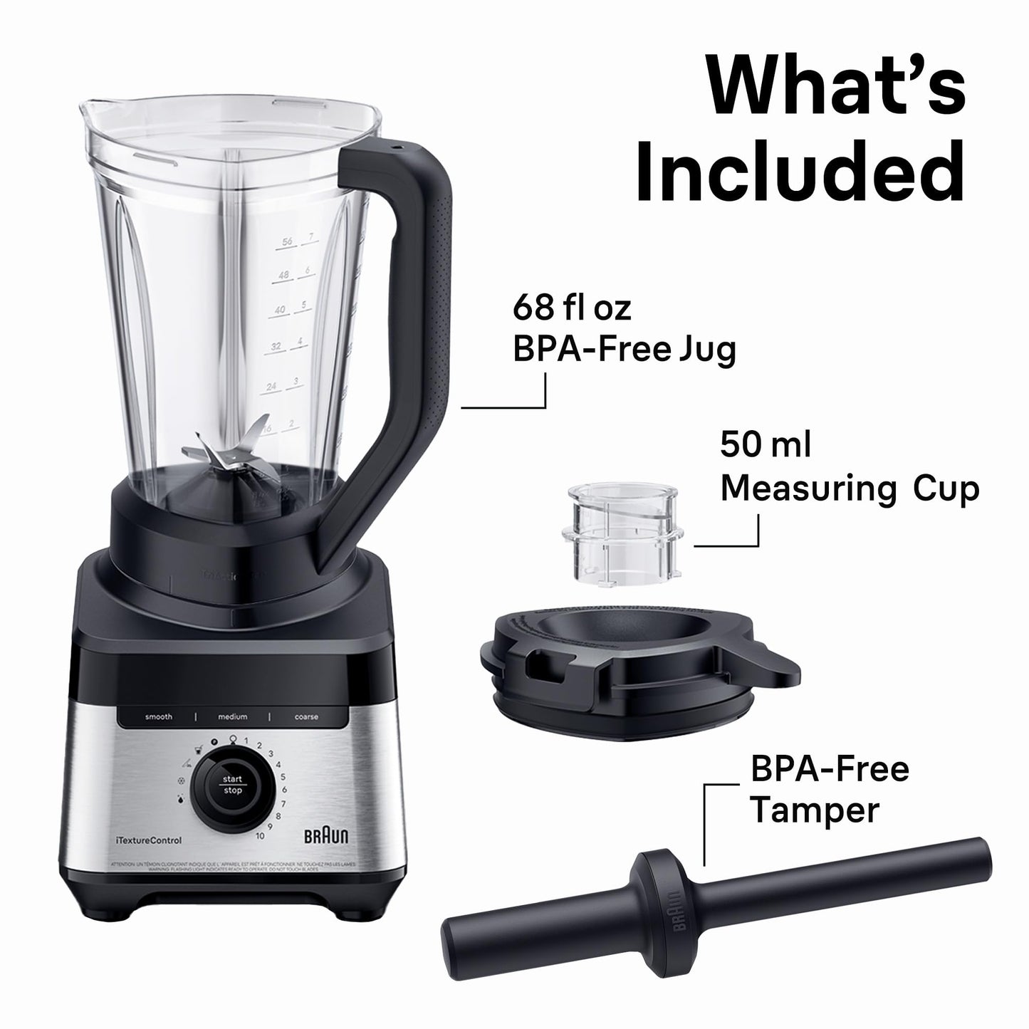 Braun TriForce Power Blender - Powerful 1200 Watt Countertop Blender with 10 Manual Speeds, 3 Texture & 3 Food Settings, Stainless Steel Blades for Effortless Emulsifying, for Smoothies, Purees & More