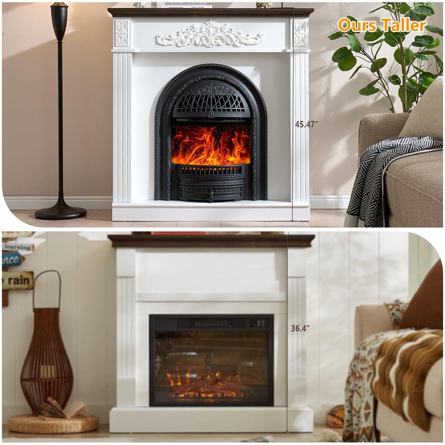 45" Birdcage-Style Electric Fireplace with Mantel, 46" Tall Fireplace TV Stand, Farmhouse Entertainment Center with Storage & Replaceable Insert Heater for Living Room, White+Walnut