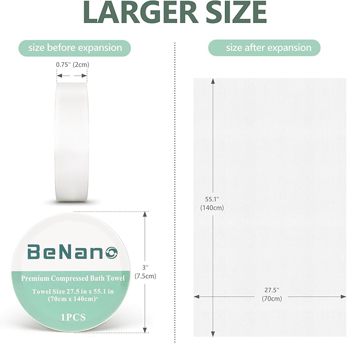 Benano Premium Compressed Towel Tablets Disposable Towel 55.1 in x 27.5 in Large Bath Towel Travel Towel Reusable for Hotel Camping Sports Hiking Beach Swimming Vacation (55.1" x 27.5" (5 Pack))