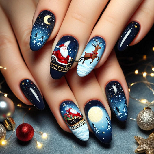 Christmas Press on Nails 24Pcs Reindeer Gel Glue on Nail Santa Claus Medium Almond False Nails Glossy Blue Gradient Acrylic Fake Nail Moon Stick on Fingernails for Women Xmas Gift
