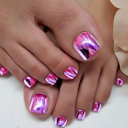 Pink Electroplating Press on Toes Nails Square Fake Toe Nails with Cherry Blossom Pink Chrome Designs Full Cover Metallic Mirror Acrylic Toe Toenails for Women Girls Summer Daily Wearable 24Pcs