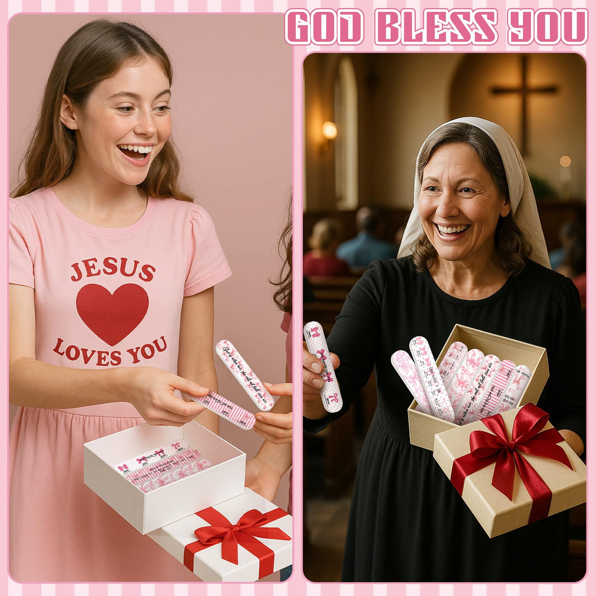 Lanties 50 Pcs Christian Gifts Bulk for Women Pink Bow Pary Favors Mini Nail Files Christian Party Favor Bible Verse Emery Boards Religious Gifts for Teacher Employee Staff Coworkers Office Supplies