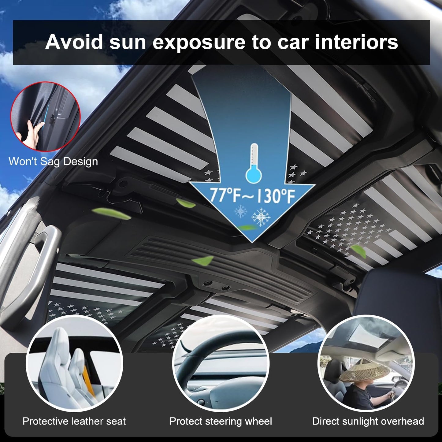 for Hummer EV Accessories 4 Top Glass Sunroof Sun Shade,No Gaps No-Sagging Roof Sun Shade Heat Insulation Foldable Reflective UV for Hummer EV SUV Pickup 2022-2024-2025 2026 (American Flag)