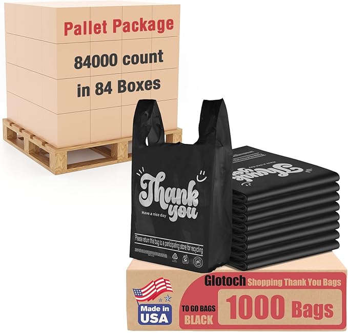 Glotoch 84000 (84K) Count Black Plastic Thank You T-shirt Bags (Pallet Package) in Bulk for Small Business, Grocery Shopping Bag with Handles for Restaurant, Retail, Togo, Takeout, Convenience Stores
