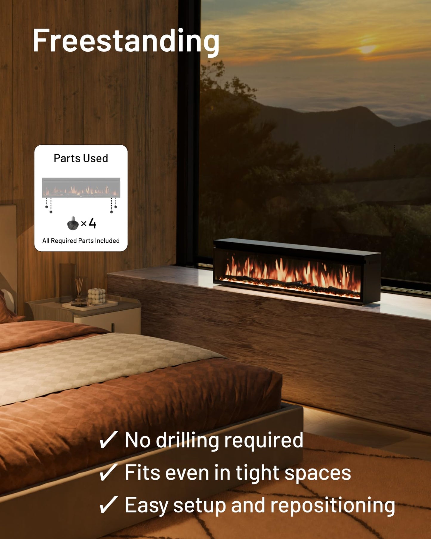 WALL FLAMEBAR Electric Fireplace Freestanding, Wall Mounted, Movable w/TV Stand – WiFi Enabled,750/1500W Heater, 1500 Flame Color Combinations, for Living Room or Bedroom, Modern 40" Wide