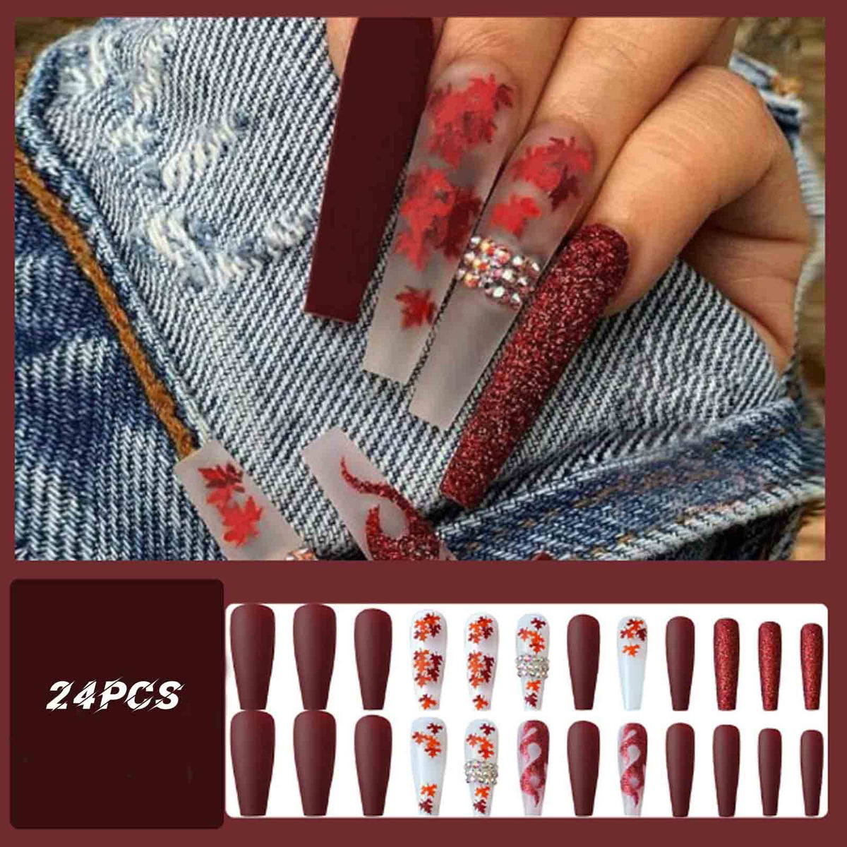 Hkanlre Red Press on Nails Tips Coffin Long Leaf Fake Nails Bling Full Cover Ballerina Rhinestones False Nails for Women and Girls 24PCS