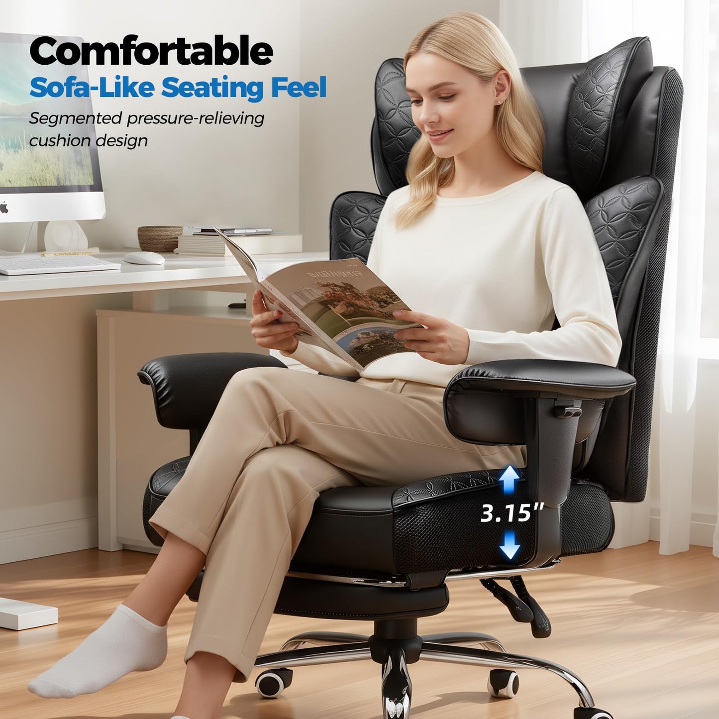 GTPLAYER Big and Tall Office Chair 400LBS Wide Ergonomic Gaming Chair with Deluxe Embossing Designed Leather with Foot Rest,150°Reclining Adjustable Soft Armrests Pocket Spring Back Support and Pillow