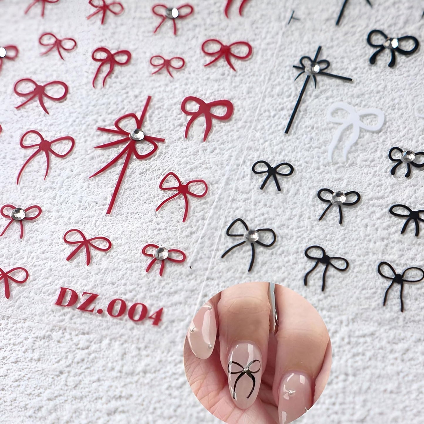 4 Sheets Nail Stickers Bow Nail Art Stickers 5D Rhinestones Relief Cute Red Block Bow Design Nail Supplies for Women Valentines Nails DIY Manicure Decorations