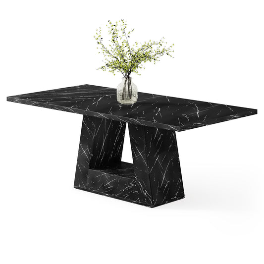 LITTLE TREE Dining Table for 4-6 People, 63 Inches Dining Room Table with Wooden Triangle Pedestal Base, Black Faux Marble Rectangle Dinner Kitchen Table for Dining Room, Kitchen, Living Room