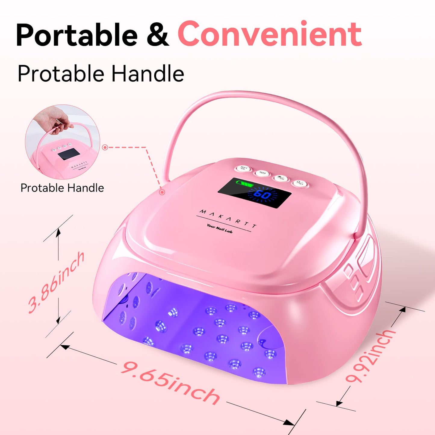 Makartt UV Nail Lamp – 30W Fast Curing UV Light with Handle Rechargeable Cordless Nail Dryer for Gel Nail Polish with 45 Beads Dual Lights 4 Timers LCD Smart Sensor for Nail Art Design(Pink)