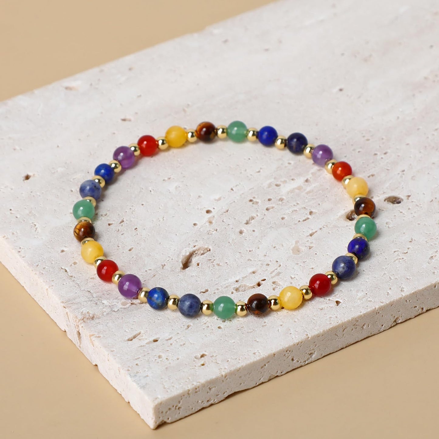 QOGIR 7 Chakra - Activate The Chakras - 14K Gold Plated Beads Natural Gemstone Stretch Elastic Dainty Healing Beaded Bracelets Gifts 4mm