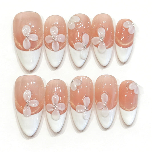 Handmade Press On Nails Medium Almond Nude Pink Sculpted Flowers Paired With Creamy White Reusable Wedding Prom And Festival Gift Handmade Acrylic Press On Nails Aacrylic Nail (L)