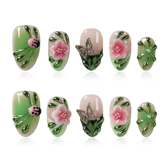 Tesytto Spring Press On Nails Short Almond Handmade 3D Flower Metallic Butterflies Fake Nails, Green Chrome Ladybug Design French False Nails for Party Daily Wear (Spring Green Pastel Garden,S)