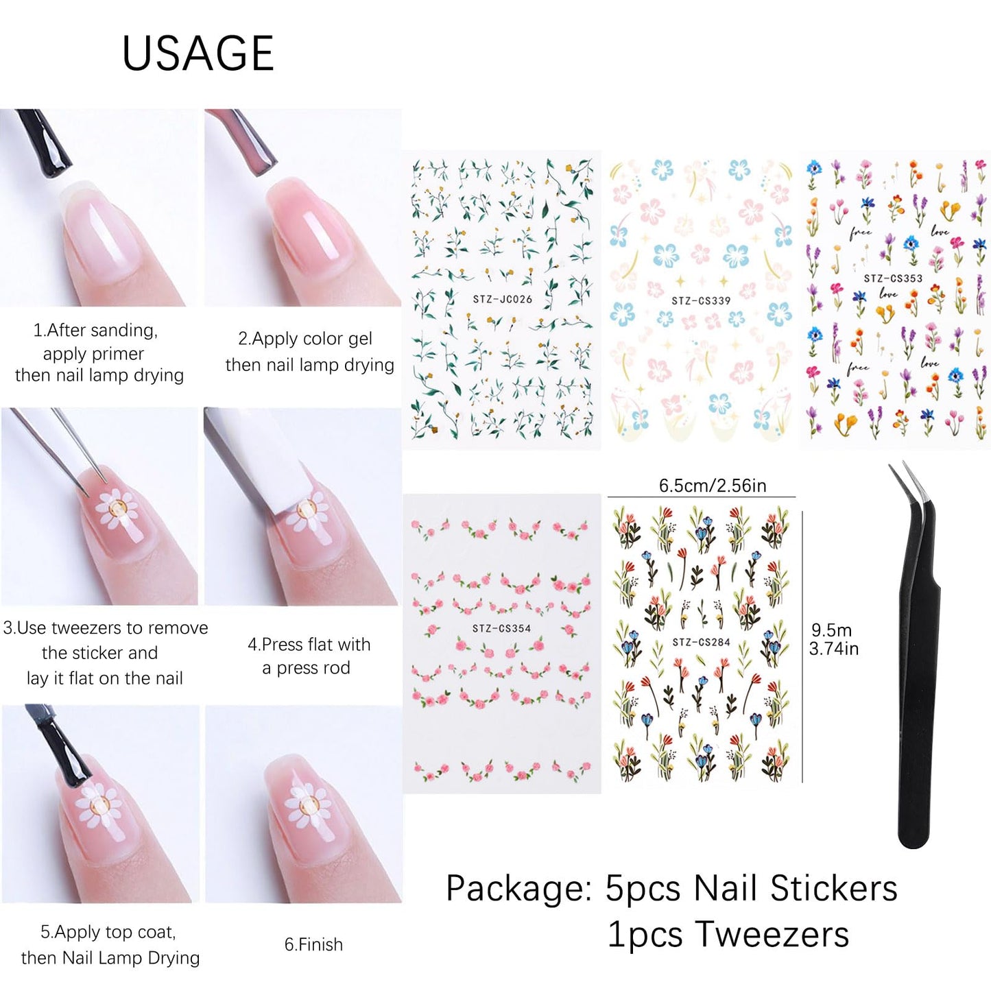 5pcs Flower Nail Stickers With Tweezers, Mini Jasmine Rose Hibiscus Wildflower French Lace Self-Adhesive 3D Floral Nail Decals For Women Girls, Spring Summer Nail Supplies For DIY Manicure Decorations