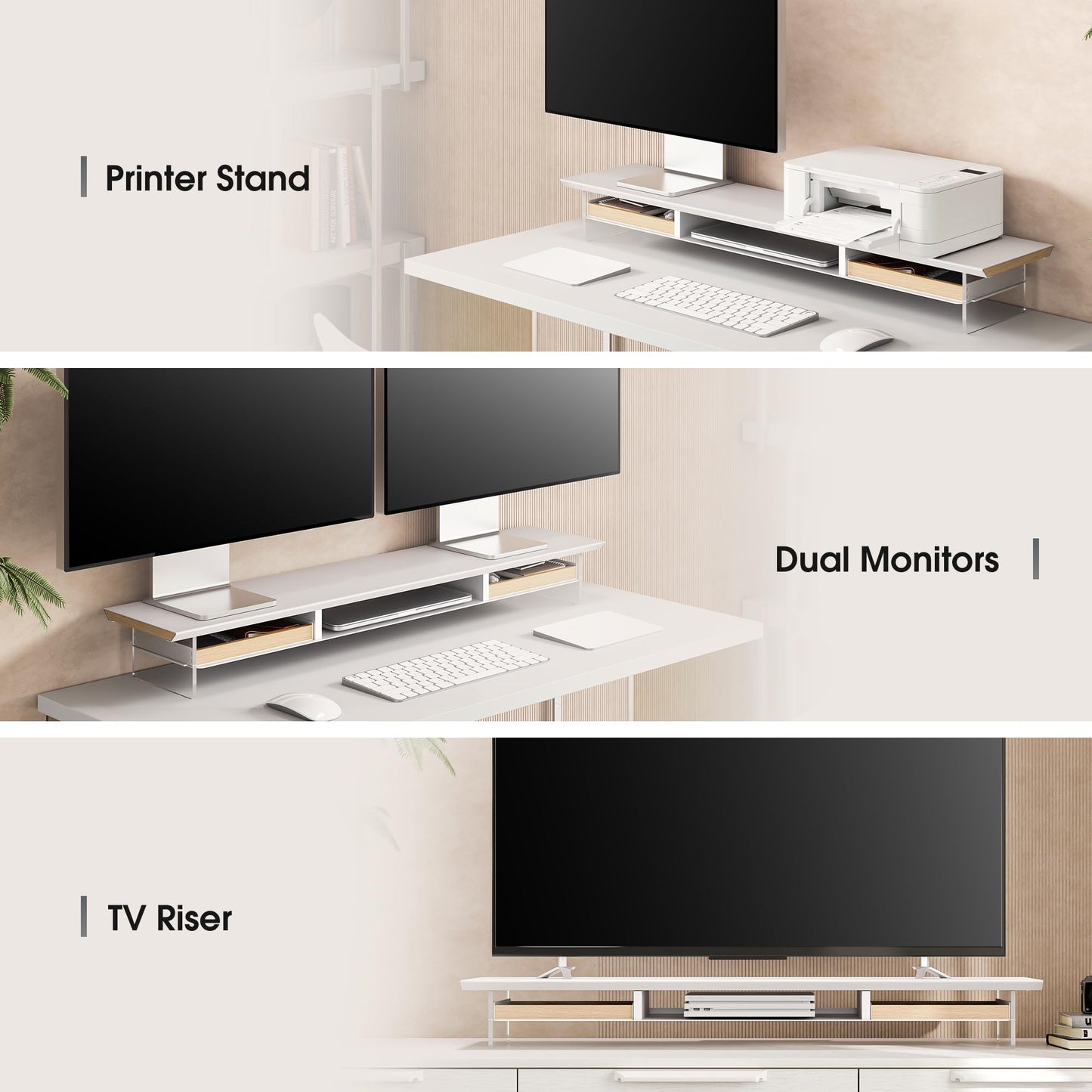 Fenge Dual Monitor Stand with Drawer, 42.5 Inch Large Monitor Riser with Acrylic Legs Supports, Computer Stand for Desk, 2 Tier Wood Desk Shelf with Storage Organizer for PC, Laptop, Printer, TV