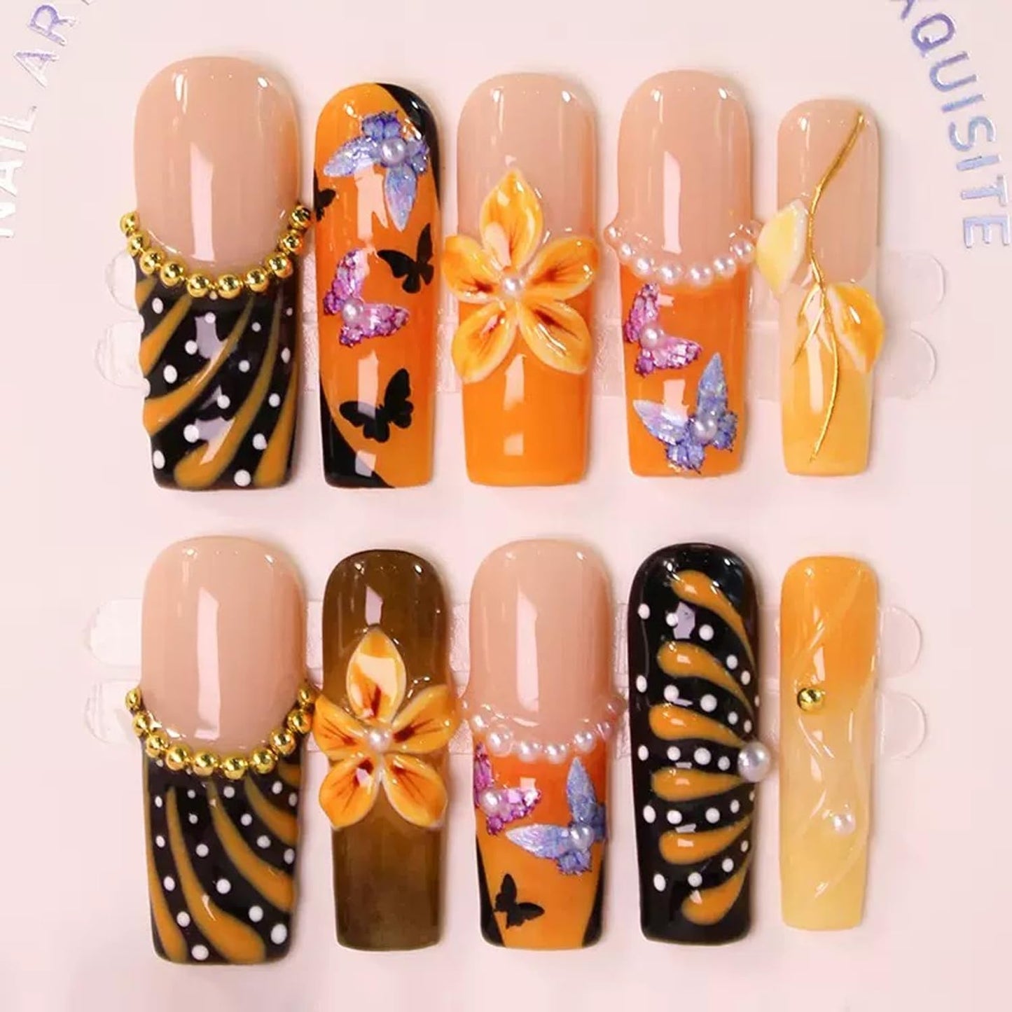 Handmade Nails French Press on Nails Long Square Fake Nails with Glue,Glitter Butterfly False Nails with 3D Flower Designs Orange Thick Nails Reusable Nature Stick on Nail for Wome (Size S)