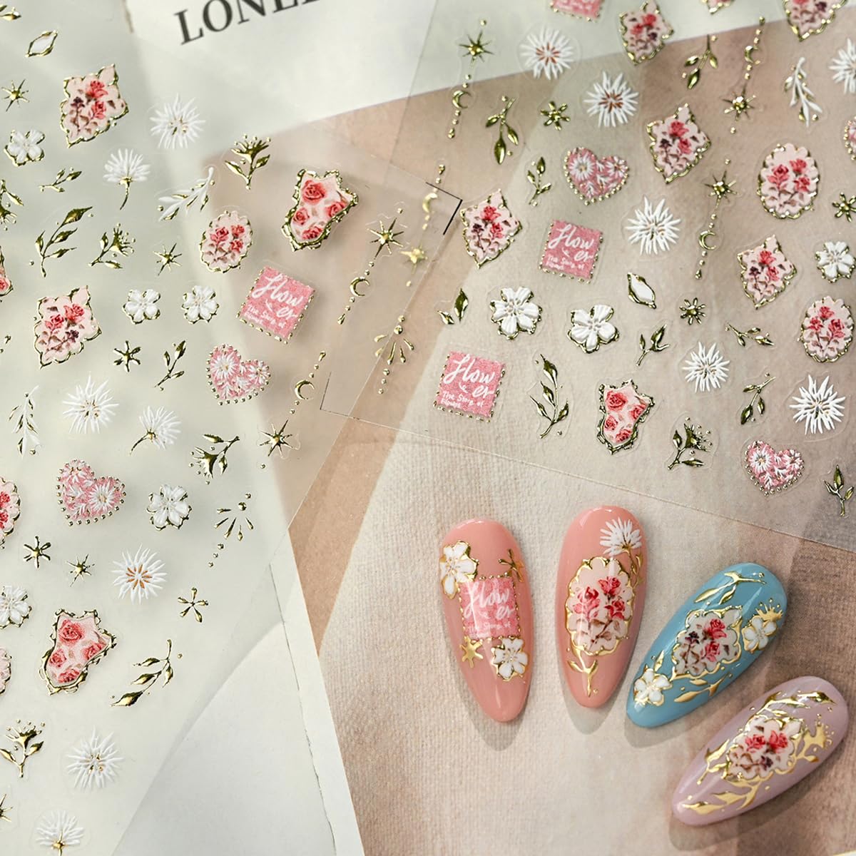 Gold Nail Art Stickers 5D Embossed Golden Frame Nail Stickers Heart Flower Leaf Star Moon Nail Decals Luxury Self-Adhesive Nail Art Supplies for Women Girls DIY Manicure 1 Sheet