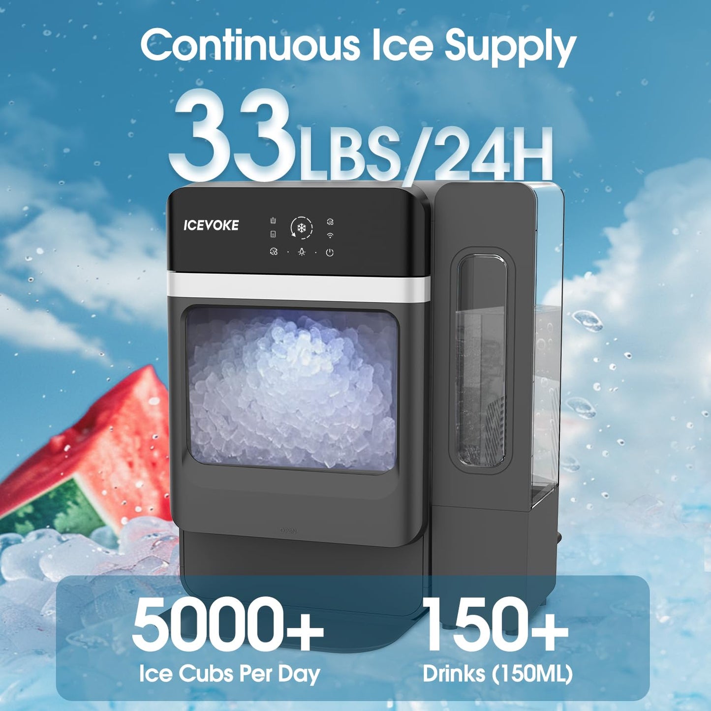 ICEVOKE Nugget Ice Maker Countertop with Water Tank, Ready in 10 Mins, 34lbs Per Day, Auto-Cleaning, Chewable Ice Maker with Basket and Scoop, for Home/Party/RV/Camping (Black)