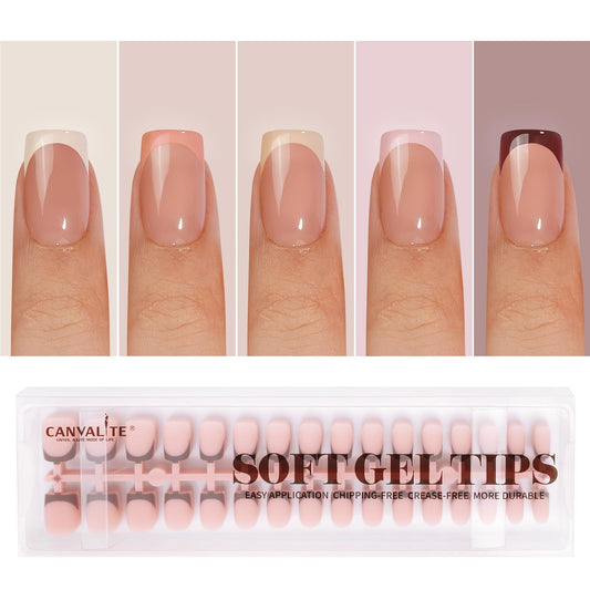 CANVALITE Soft Gel French Tip Nails, 192 Pcs Short Press on Nails for Women, Flexible Pre-Painted Nude French Tip Gel Nails, No File Need DIY Manicure Gifts for Women, Glue Not Included