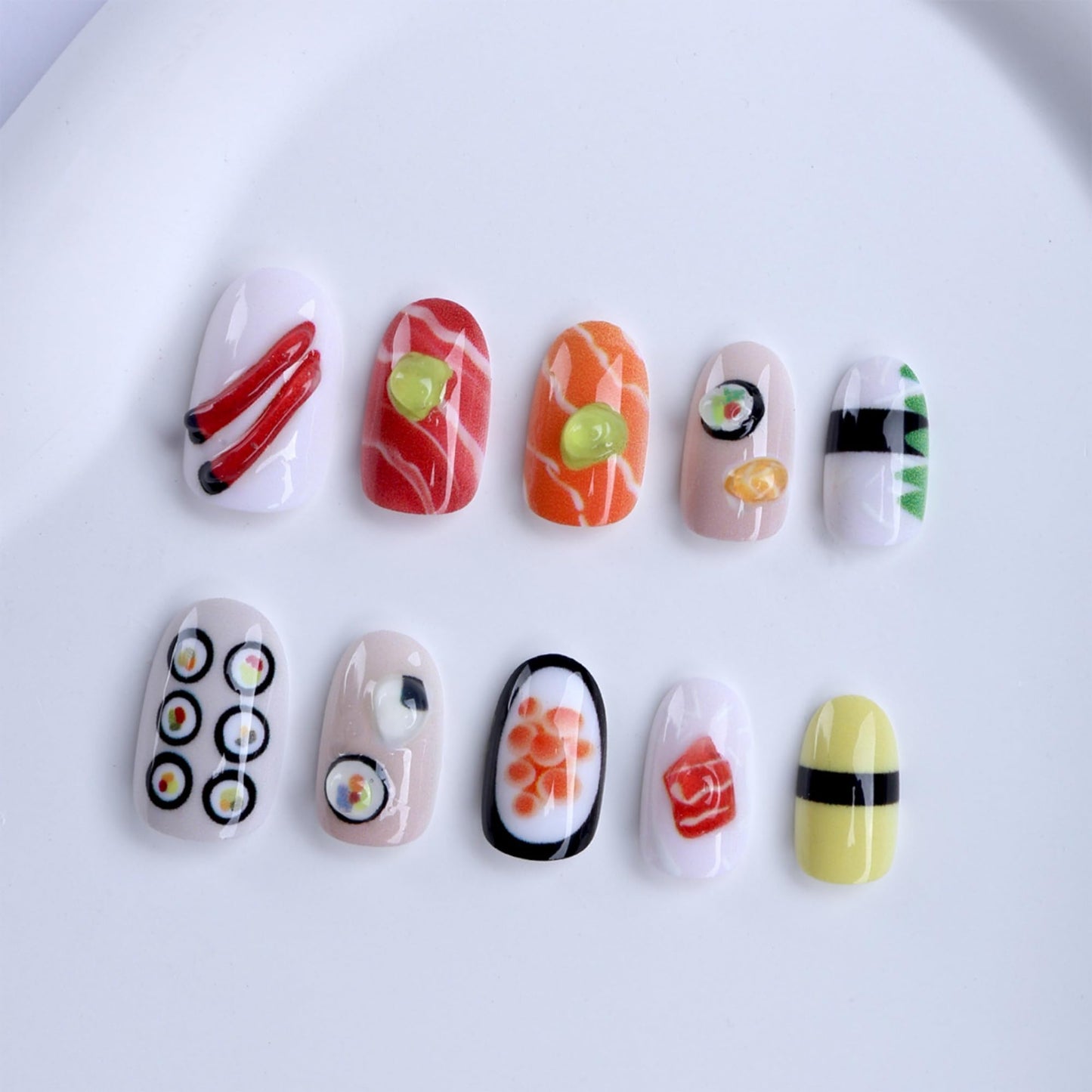 Octoswave 3D Sushi Press on Nails Short Oval Fake Nails Kawaii Japanese Food Design for Women Girls Cute Art Artificial Nails 24Pcs