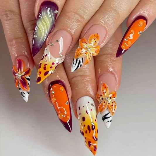 Long Press on Nails Almond Fake Nails Orange Artificial Nail 3D Floral Designs Rhinestones Stick on Nail for Women 24pcs