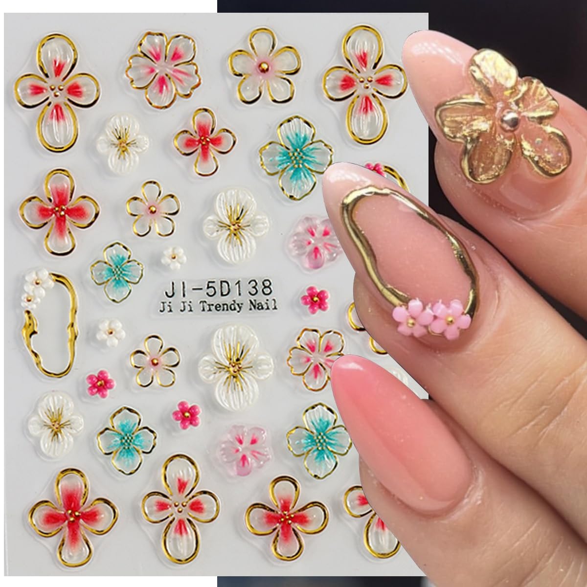 Flower Nail Stickers 5D Embossed Self Adhesive Hibiscus Floral Nail Decals Purple Flower Nail Charms Nails Design Pegatinas para Uñas for Women Nail Art Decoration 3 Sheet