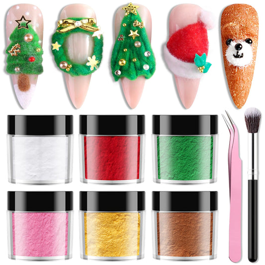 Furtherpretty Nail Flocking Powder Set, 6 Colors Velvet Powder for Nails, Red, Pink, Green, Yellow, White Flocking Fibers for Christmas Nail Art & DIY Crafts, Manicure Salon Supplies with Brushes