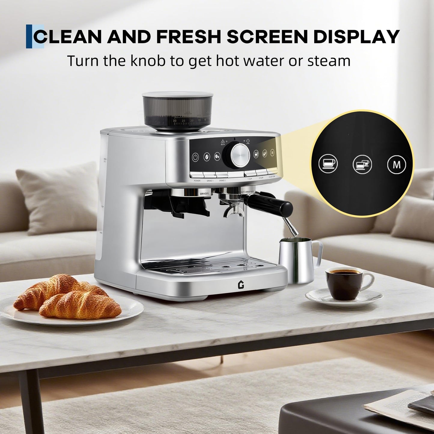 OUTLANE Espresso Machine with Grinder - 20 Bar Pressure, Stainless Steel Build, 1.5L Removable Water Tank, Milk Frother & Steam Wand for Latte/Cappuccino, Adjustable Espresso Shot Volume - Professiona