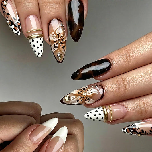 Brown Press on Nails Medium Almond Nails Press on with 5D Flower, Polka Dot & Tortoiseshell Design French Tip Fake Nails Leopard Print Glue on Nail Reusable Fall Summer Nail for Women Manicure 24Pcs