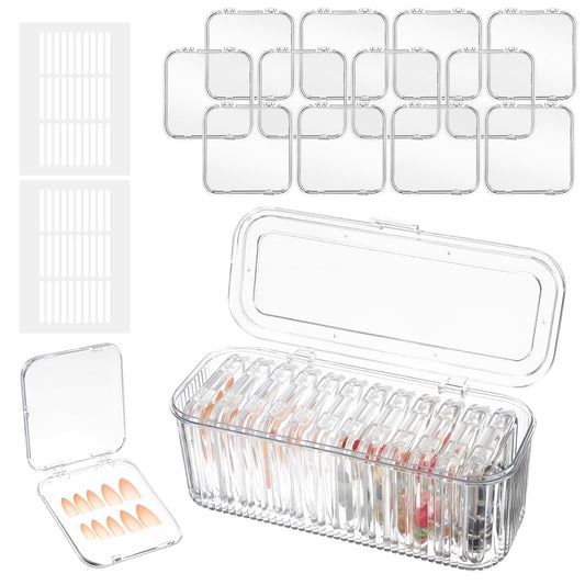 24 Pcs Clear Press On Nail Storage Box with 2 Large Organizers and 60 Adhesive Tapes, for Fake Nail Display, Nails Salon Packaging, and Nails Art Organization