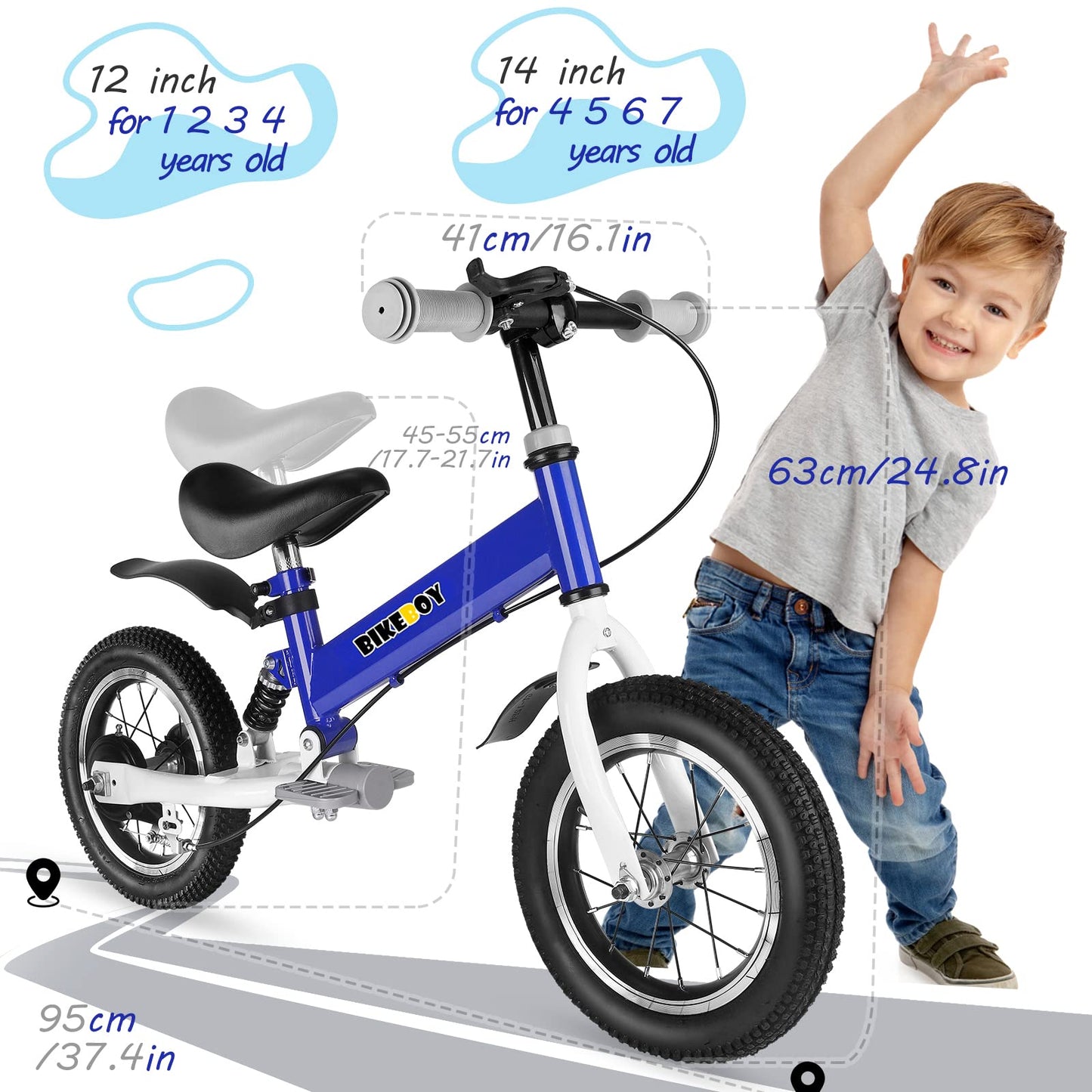 bikeboy Balance Bike 3 in 1,The Dual Use of a Kids Balance Bike and Kids Bike,12 14 Inches for 2-6 Years Old,with Shock Absorbers, Fenders, Pedals, Auxiliary Wheels
