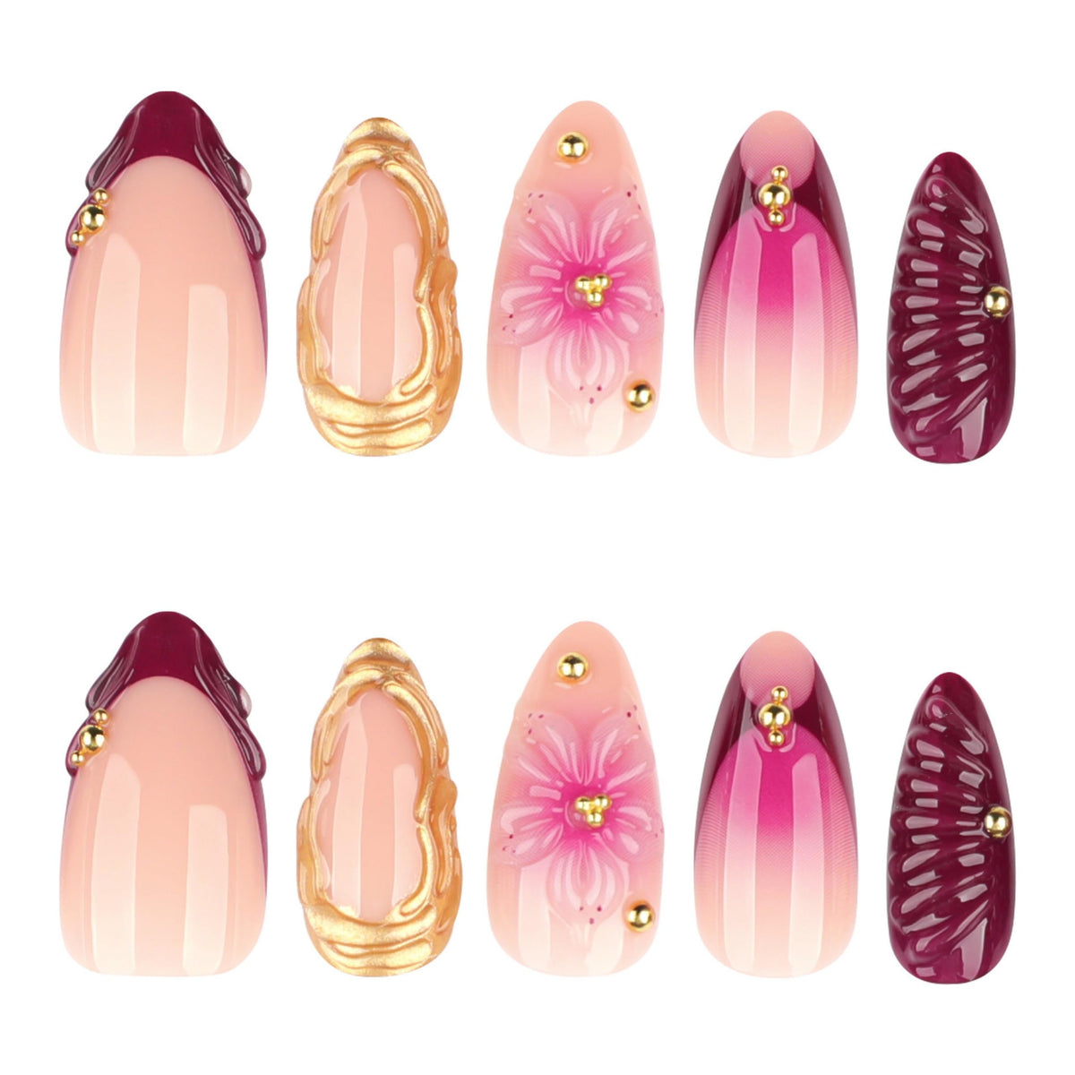 Almond Press on Nails Medium Fake Nails Purple Acrylic Nail Press ons Seeneey Pink Floral and Gold Charm Designs French Stick on Nail for Women 24pcs