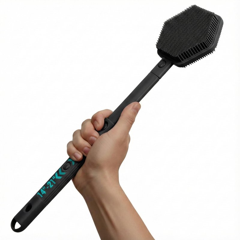 AIMAIAIMAI Silicone Back Scrubber for Shower – 21in Extendable Shower Brush with Long Handle – Dual-Sided Back Brush with Non-Slip Grip, Gentle Cleansing & Exfoliation for Men, Women, Elderly (Black)