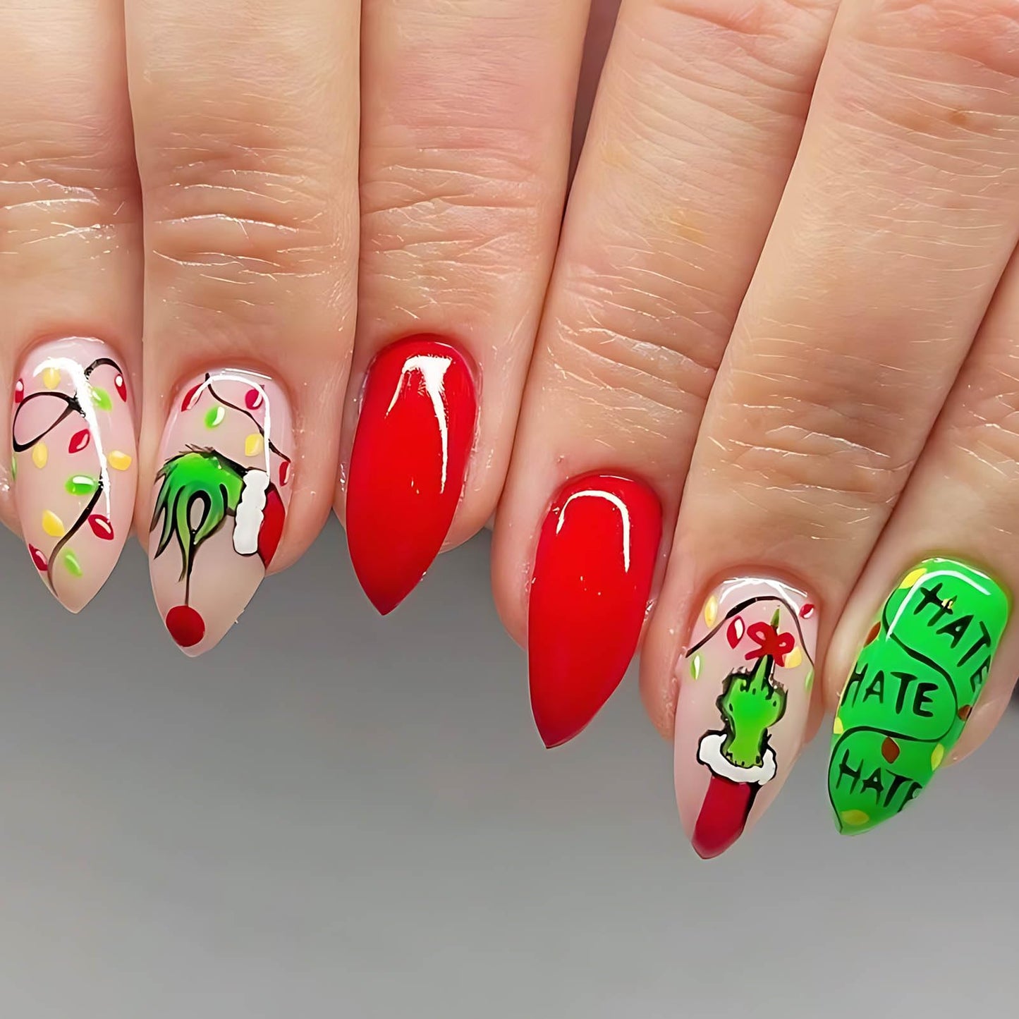 Christmas Press On Nails Medium Almond Green Fake Nails with Glue Winter Snowflake Cartoon Design,Christmas Nails Short False for Women Kids Holiday Xmas Gifts