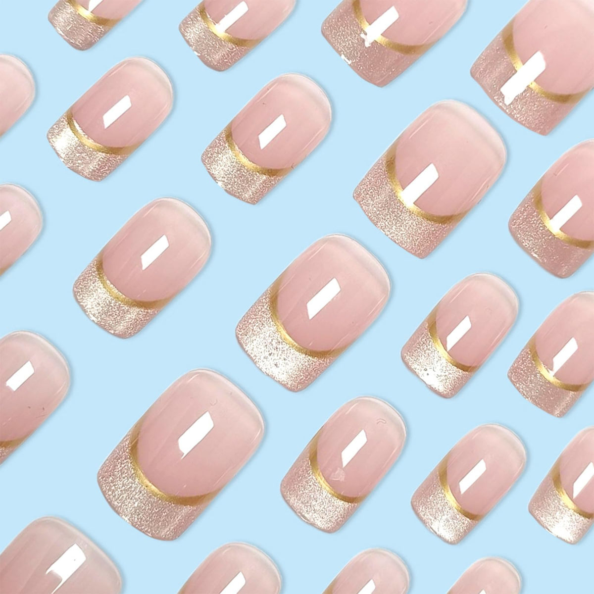 IMSOHOT Cat's Eye French Tip Press on Nails Short Square Fake Nails with Gold Edge Designs Nude Glossy Acrylic False Nails Full Cover Squoval Glue on Nails for Women Girls Manicure DIY Nail