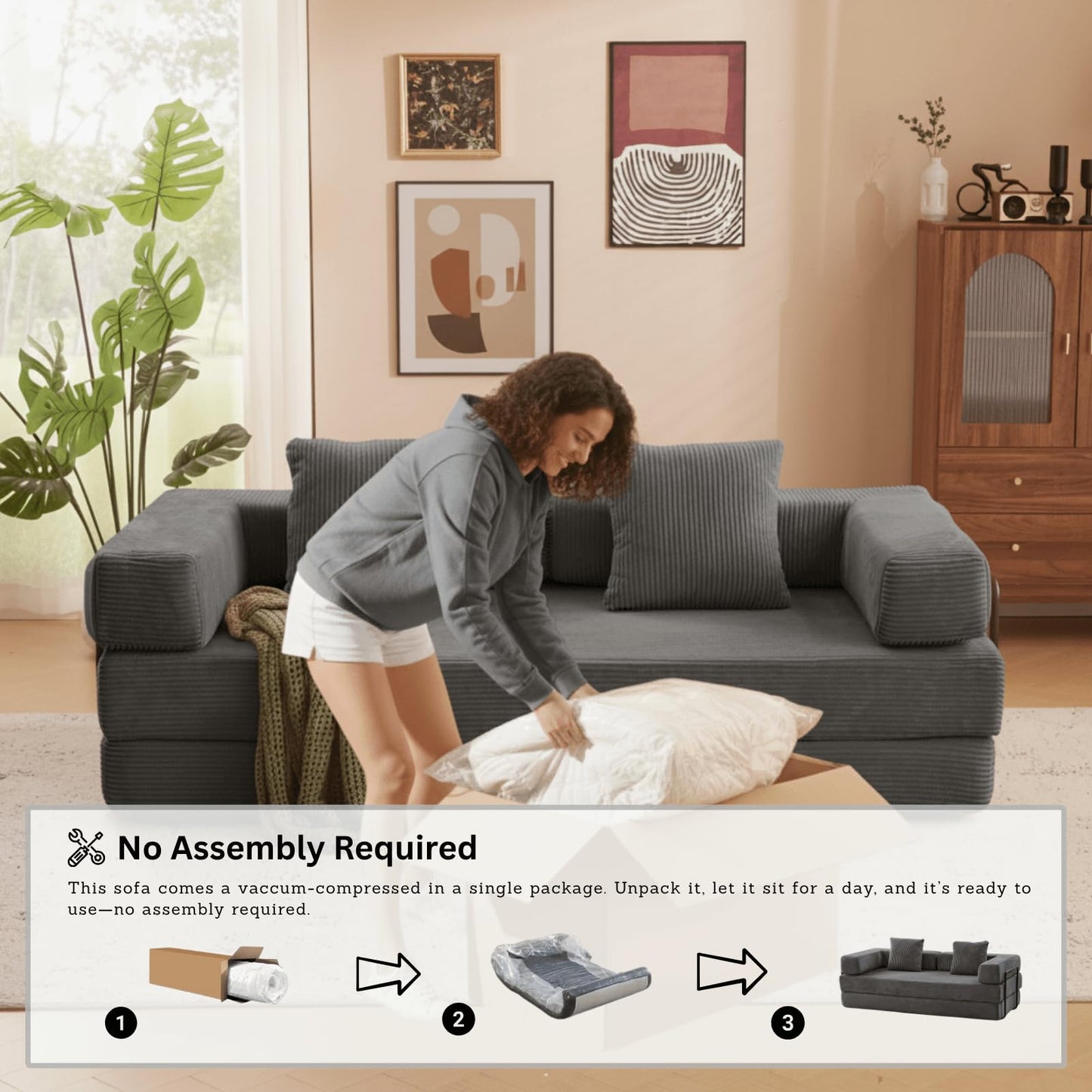 BRITEMART 4-in-1 Folding Convertible Sofa Bed, 77" Floor Couch with Pillow - Corduroy Fabric & High-Density Sponge & Fixed-Shape Frame, Modular Sofa for Living Room/Lounge/Studio, Dark Grey
