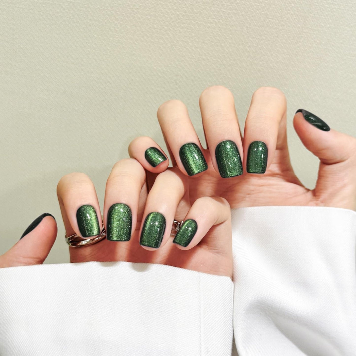 Green Cat Eyes Press On Nails,12 Sizes - 24 Pcs Soft Gel Green Short Squoval Fake Nails Kit with Nail Glue, Natural Reusable Stick On False Nails for Women and Girls SK1066