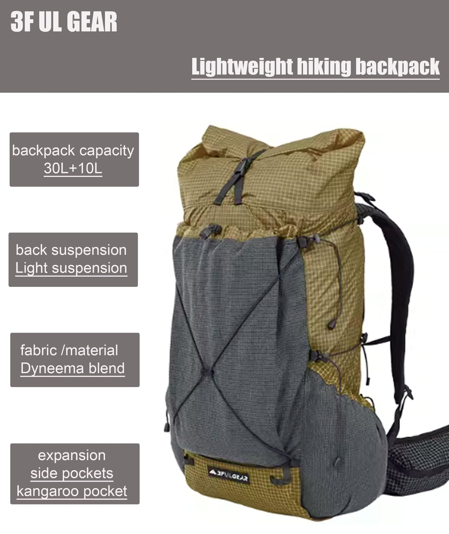 Telomat 3F UL GEAR 30L+10L UHMWPE Ultralight Waterproof Hiking Backpack Daypack Outdoor Camping Travel Backpack for Men Women (Galaxy Gray, Large)